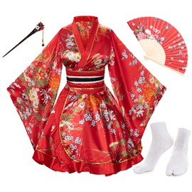 Japanese Anime Women's Dance Kimono Robe Fancy Dress Yukata Silk Folding Fans Tabi Hairstick Socks Set Red Large