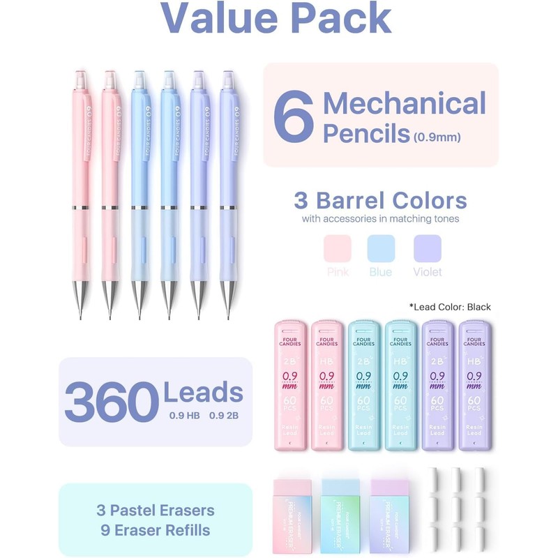 Four Candies 0.9mm Mechanical Pencil Set - 6 Cute Pencils