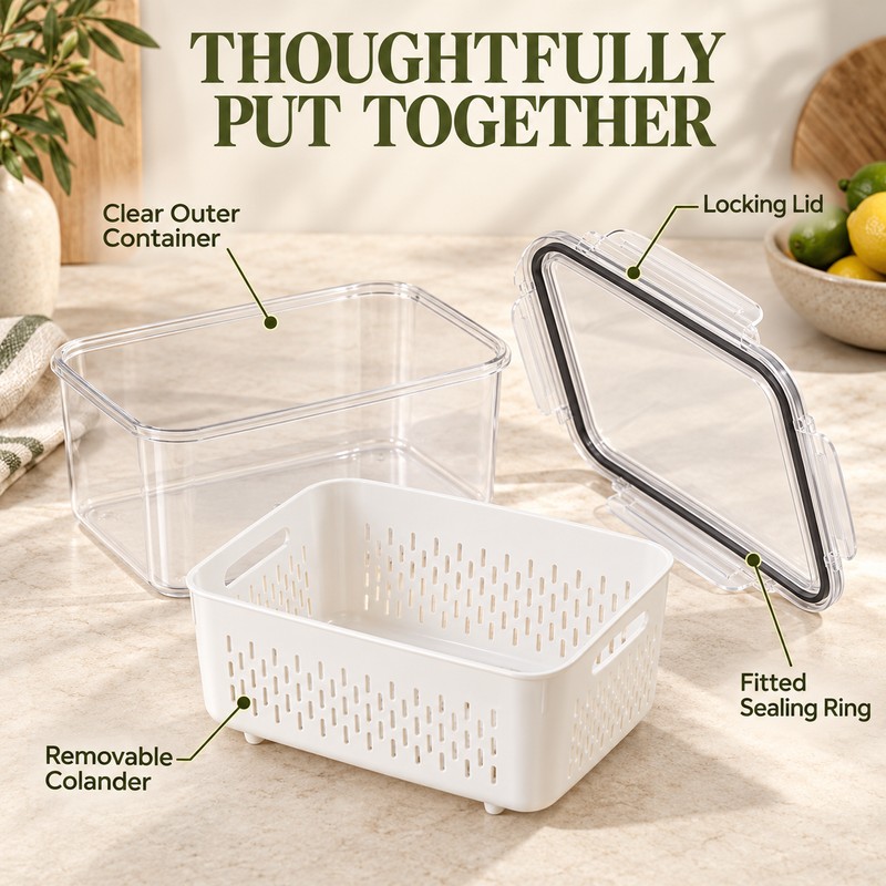 Produce Storage Containers for Fridge with Removable Colanders & Locking