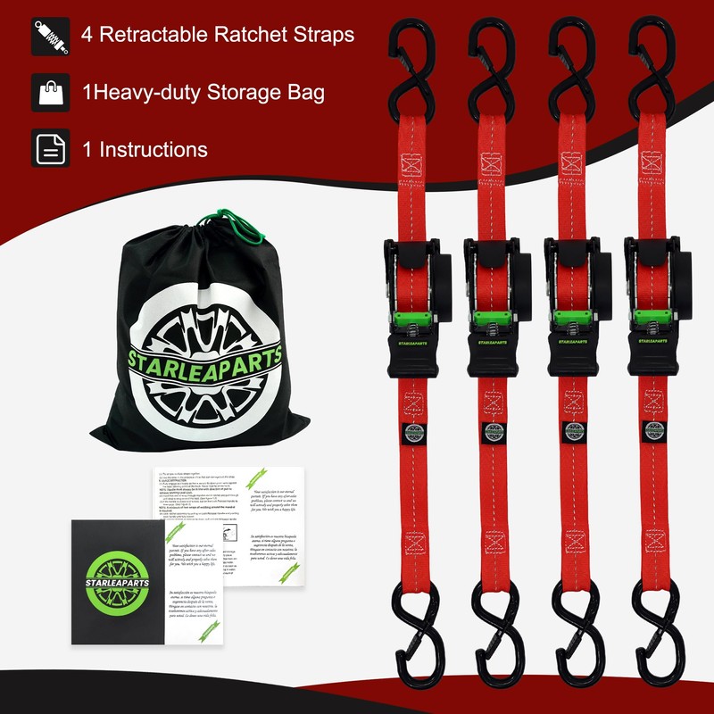 Retractable Ratchet Straps(4PK 1.0INX12FT) - 1,500lb Break Strength, Ratchet Strap