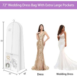 72" Wedding Dress Garment Bag with 10'' Gusseted Dress Bags for Gowns Long 4 Pockets Dress Cover for Women, White (1)
