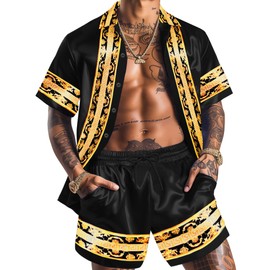 ZSJR Mens Black Track Suits Hawaiian Shirt 2 Piece Set African Attire Camisas para Hombres Try Before You Buy Clothing 1970s 90s One Piece Outfit Tracksuit Romper Florida Tropical Shirts for Men