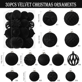 30pcs Velvet Christmas Ball Ornaments, Flocked Shatterproof Christmas Ornaments Hanging Xmas Tree Decorations Set for Home Party Holiday Decor (Multi-Size, Black)