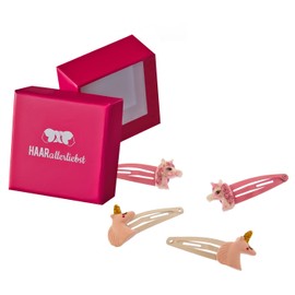 HAARallerliebst Hair clips set (4 pieces, glittering unicorn heads, pink pink) for girls, including box for storage (box colour: pink)