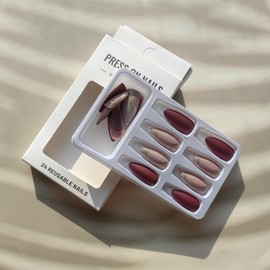 Medium Almond Press on Nails Gold Fake Nails with Glue Glitter Swirl Full Cover Glue on Nails Almond Red Nails Press on Acrylic Nails Marble False Nails White Stick on Nails for Women Nail Decoration