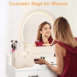 ANNICOOS Travel Makeup Bag, Large Makeup Bag Organizer PU Leather Waterproof, Cosmetic Bags for Women Toiletry Bag with Divider and Handle