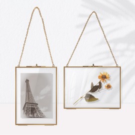 efuturetime® 2 x Glass Frame Wall Hanging, 13 x 18 cm, Double Glass Rectangle Picture Frame Transparent on Both Sides for Pressed Flowers, Photo, Picture, Card, Certificate, Gold