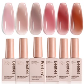 Beetles Jelly Gel Nail Polish Set - 6 Colors Fall Sheer Gel Polish Kit Nude Pink Red Brown Gel Translucent Effect Soak Off UV DIY Manicure French Nail Art Salon Gift for Girls Women