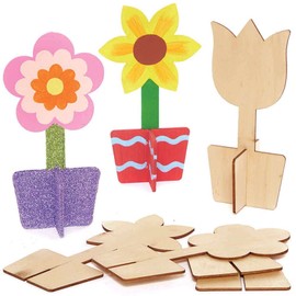 Baker Ross FC727 Flower 3D Wooden Stand-up Decorations - Pack of 6, Wood Model Kit for Kids, Arts and Crafts for Kids