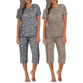 Ekouaer 2 Pack Women's Capri Pajama Sets Short Sleeve Two-Piece Pjs V Neck Tops & Pants Printed Lounge Sets S-3XL