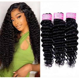 Unipearl Deep Curly Weft Extensions Real Hair 35 40 45 cm (14 16 18 Inches) Water Wave Brazilian Human Hair 3 Bundles Weave Hair Extensions Natural Black