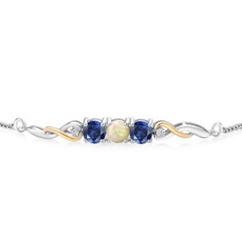 925 Sterling Silver and 10K Yellow Gold White Ethiopian Opal Blue Created Sapphire and White Lab Grown Diamond Tennis Bracelet For Women (1.52 Cttw, Gemstone Birthstone, Fully Adjustable Up to 9 Inch)