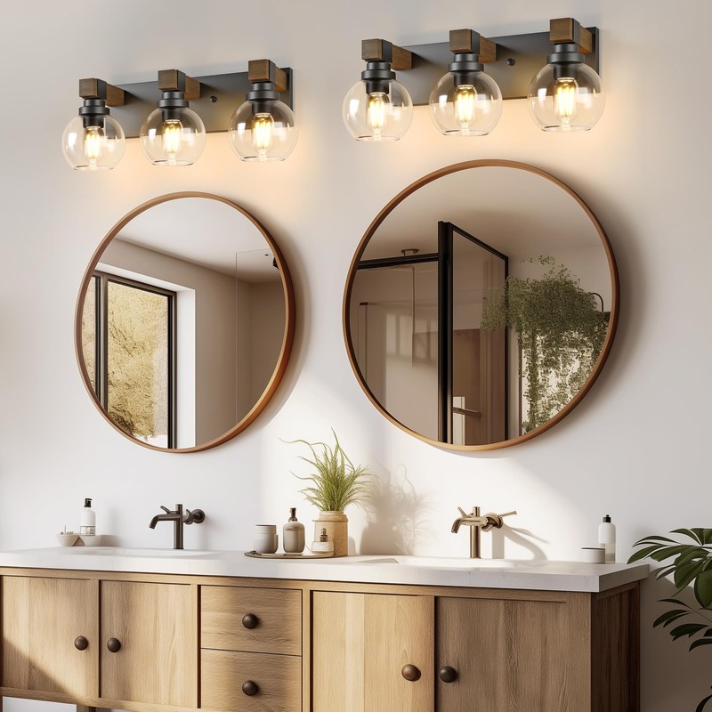 Farmhouse Bathroom Vanity Light Fixtures, 3-Light Wood Bathroom Light Fixtures