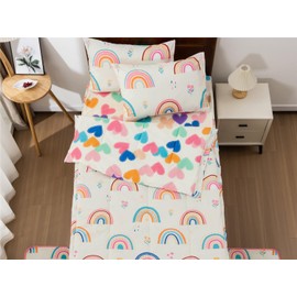NTBED Rainbow Printed Zipper Bedding Sets Full Lightweight Microfiber Heart Comforter Sets with Fitted Sheet Pillow Covers,Beige