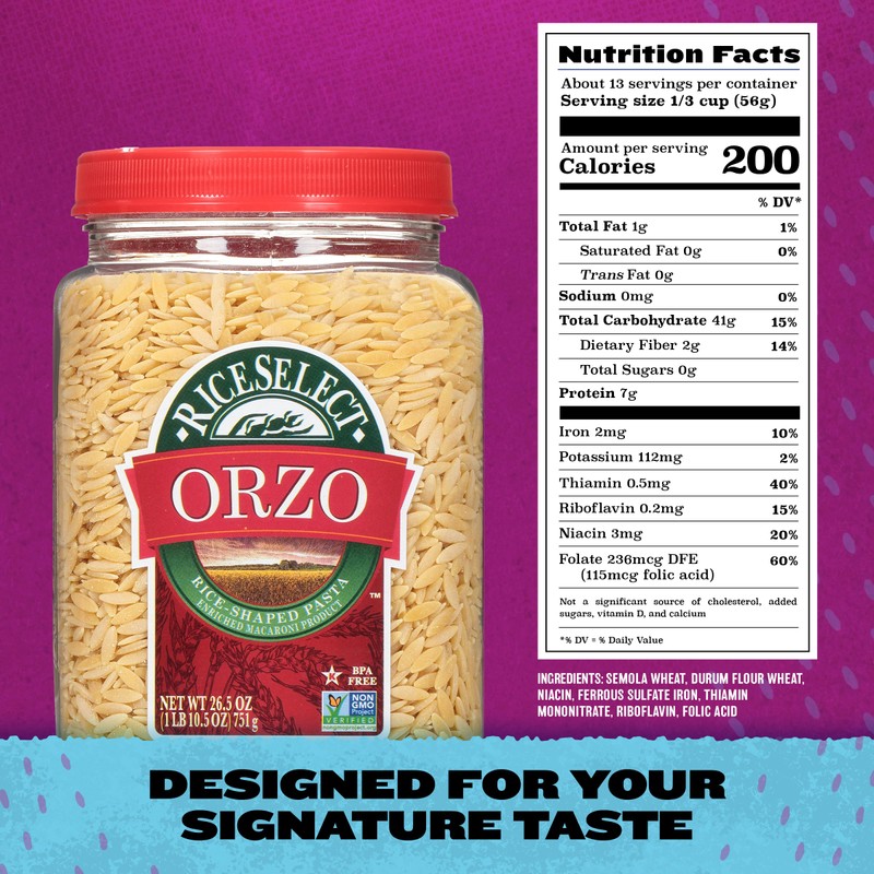 RiceSelect Orzo Rice-Shaped Pasta, Premium Non-GMO Orzo Pasta, 26.5-Ounce Jar