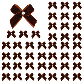 Meseey 60pcs Mini Velevt Ribbon Bows 1 Inch with Pearl Ribbon Flowers Appliques DIY Craft for Sewing, Scrapbooking, Wedding, Gift,Christmas Decoration(Brown)