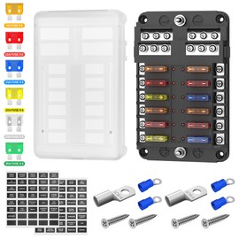 DaierTek 12 Way Fuse Block, 12 Volt Blade Fuse Block with LED Indicator 12 Circuit Fuse Box 12V ATO/ATC Marine Fuse Panel 24V with Waterproof Cover Fuse Terminals for Automotive Boat Car RV