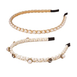 YARN & INK Women's 2Pcs White Pearls Thin Fabric Headbands Non Slip, Fashion Cute Headband Hair Accessories for Women Girls 80s Christmas Gift (Elegant White Pearls)