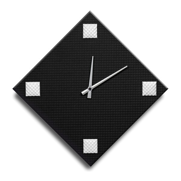 Mareli Wall Clock, Width cm 42x42, Wooden dial of 4 mm Covered Embossed Paper with Application of 4 Studs Colored Enamelled Metal, Black and White, Lato rombo 30