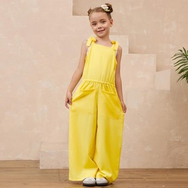 Mirawise Girls Romper Size 8 9 Outfits Jumpsuit Tie Strap Kid Sleeveless Yellow Wide leg Elastic Clothes Long Pant with Pocket