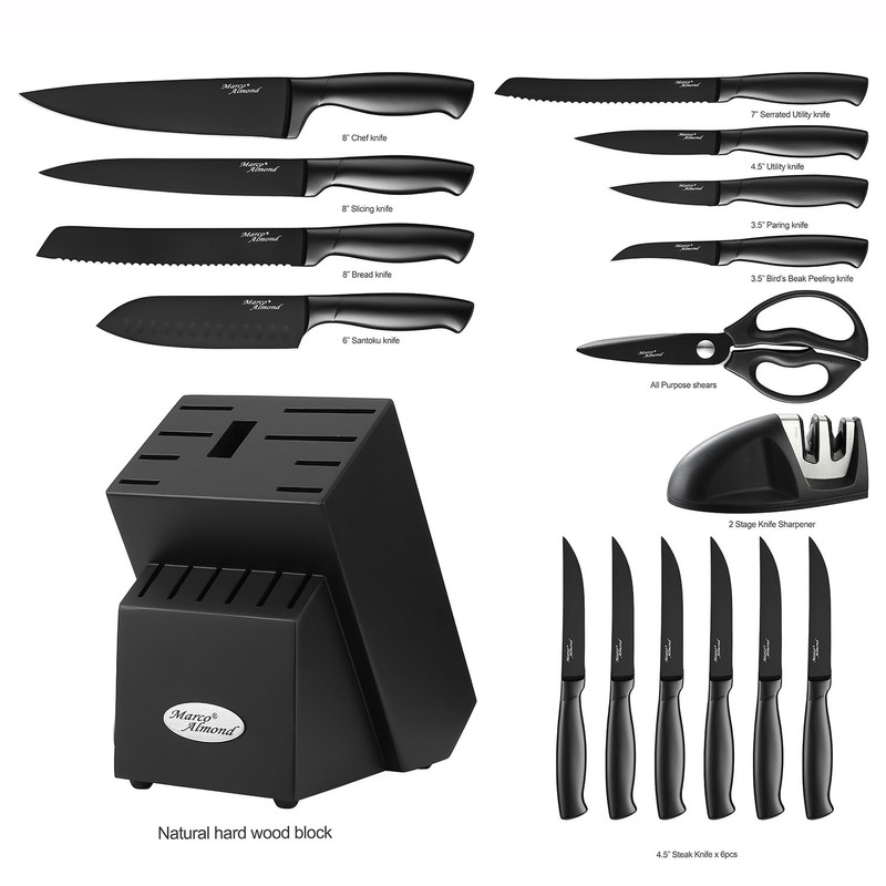 Marco Almond® Kitchen Knife Set with Block and Sharpener MA23,