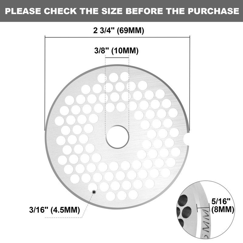 #12 Stainless Steel 3/16" Meat Grinder Plate, Heavy Duty 4.5mm