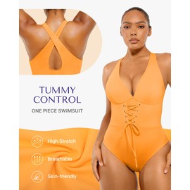 SHAPELLX Tummy Control Swimwear Push Up One Piece Bathing Suits for Women with Built-in Bra Swimming Suits Orange XXL