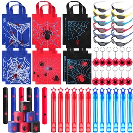 Foilswirl 60 Pcs Spider Party Favors Include Spider Sunglasses, Web Gift Tote Bags, Slap Wristbands, Silicone Keychains and Blue Red Star Bubble Wands for Birthday Comic Hero Party Decoration