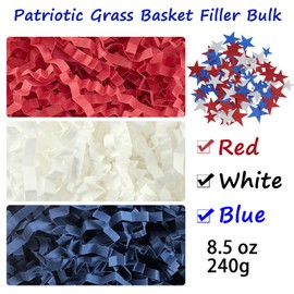 8.5 oz / 240g Patriotic Grass Basket Filler Bulk, Red White Blue Crinkle Cut Paper Shred with Stars for Gift Box, Basket Filling for DIY Crafts, 4th of July Independence Day Memorial Party Decorations