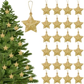 Shappy 48 Pcs Gold Glitter Star Ornaments Christmas Tree Pendant Mini Hanging Stars Plastic Gold Christmas Decorations Plastic Festive Embellishments for Holiday Parties Weddings Home Decoration