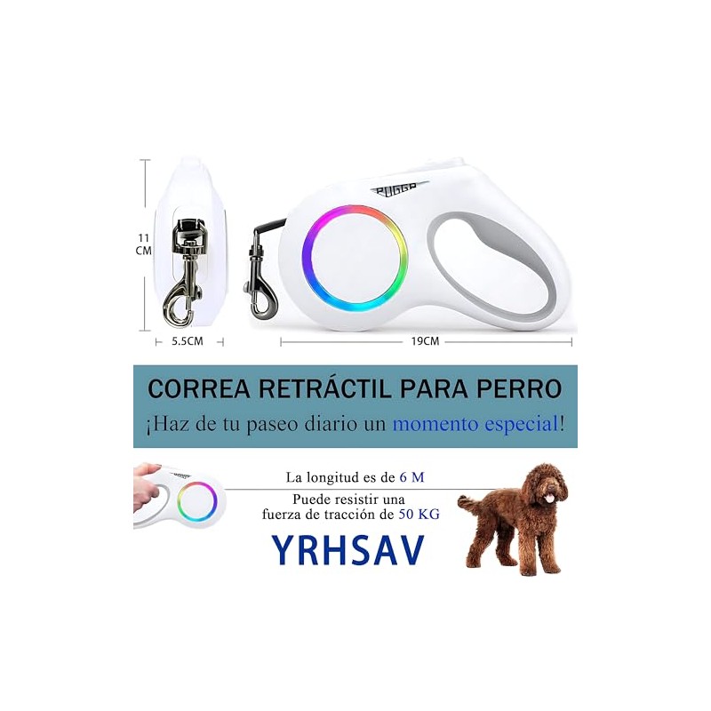 Correa Retráctil para Perro con Luz Led, 6 M Correa