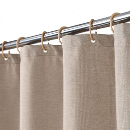 Flax linen like 240 GSM heavy stable shower curtain for bathroom with hooks, hotel luxury fabric, washable, taupe, 120 x 200 cm
