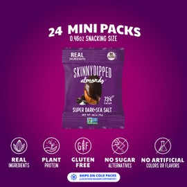 SKINNYDIPPED SuperDark + Sea Salt Chocolate Covered Almonds, 0.46 Ounce Mini Bags, 24 Count