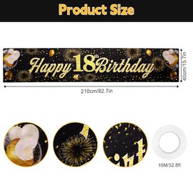 ANOMM Happy 18th Birthday Banner, 18th Black Gold Fabric Happy Birthday Decorations for Boys Girls, Birthday Party Photo Backdrop Banner, Outdoor Garden Wall Table Decor, 210 * 40cm