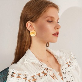 HESSAWELL Gold Texture Button Stud Earrings for Women Stripe Round Heart Shape Stud Earrings for Vintage Jewelry Women, Brass, No Gemstone