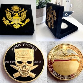 U S ARMY SNIPER "ONE SHOT ONE KILL" Challenge Coin w/ velvet Presentation Box
