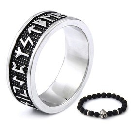 BAVIPOWER Viking Stainless Steel Rune Nordic Ancient Ring for Men Women Amulet Talisman Pagan Jewelry Great Protection (Silver Rune, 13)