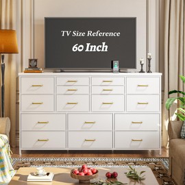 Romorgniz Dresser for Bedroom with Charging Station Long Dresser with 16 Fabric Drawers TV Stand for 60" TV Dressers & Chest of Drawers for Bedroom, Living Room, Closet, White