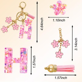 Jusen Resin Alphabet Initial Letter Keychain Tassel Flower Pendant Key Ring for Purse Handbag Car Keys (H-pink)
