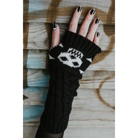 Ro Rox Pamela Mann Knitted Fingerless Gloves with Skull and Crossbones in Gothic Style, black