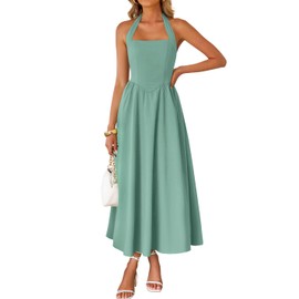 ZESICA Women's Summer Sleeveless Halter Midi Dress 2025 Off Shoulder High Waist Swing Flowy Beach Long Dresses,Sage,Small