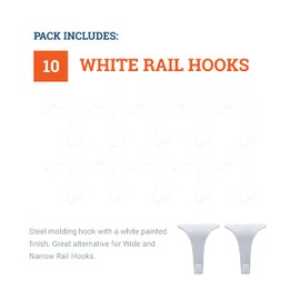 Picture Rail Hooks White - Supports 8 lbs - 10 Pack - Picture Rail Hook for Rail Hanging System