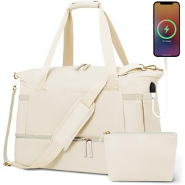 Bolsa de Fitness, Bolsa de Viaje Impermeable de Gran Capacidad Con Puerto de Carga USB Tipo de Cremallera Diseño Separado en Húmedo y en Seco Bolso Unisex Gimnasio, Vida Diaria (Beige)
