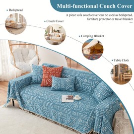VClife Couch Cover Japanese Style Sofa Cover with Tassel, Soft Chenille Boho Couch Covers Sofa Covers Washable White Blue Furniture Cover for Living Room 71''x134''
