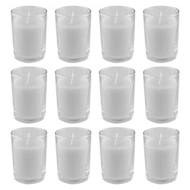Mega Candles 12 pcs Unscented White Glass Container Candle, Votive Candles 12 Hours 2 Inch x 2.5 Inch, Home Décor, Wedding Receptions, Baby Showers, Birthdays, Celebrations, Party Favors & More