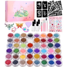 Glitter Tattoo Set Children, 48 Colours, 250 Stencils, 238 Rhinestones, 5 Brushes, 4 Glues, 1 Beauty Sponge, Waterproof Tattoo, Children's Make-Up Body Glitter, Gift Party, Birthday, Easter, Christmas