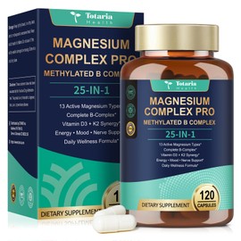 Totaria 25-in-1 Magnesium Complex with Methylated B Complex Magnesium Glycinate Citrate Malate Taurate Gluconate Aspartate Carbonate D3 K2, Magnesium Supplement for Relaxation Energy & Nerve, 120 Vegan Caps