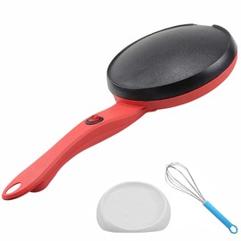 Portable Electric Crepe Maker 110V 8” Household Pancake Machine with Auto Temperature Control Non-stick Crepe Pan for Pancake, Blintz, Chapati,Including Egg Beater & Batter Pot Red&Black 1Pack