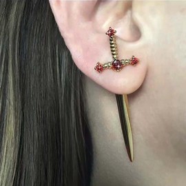 Cimenexe Punk Sword Earrings Gothic Ruby Sword Ear Jack Earrings Gold Crystal Dagger Earrings Vintage Ruby Sword Stud Earrings Jewellery for Women and Girls Gifts, Zinc, No Gemstone