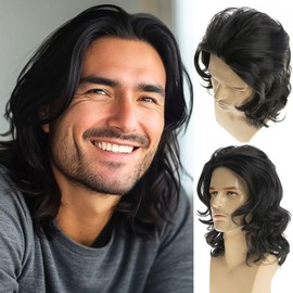 Long Wavy Black Wigs for Men Natural Layered Rocker Style Cosplay Hair Wig